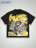 Cheap T-shirt Jerseys Black Skull Print Cotton T-Shirt, Yellow Praying Hands Design, Oversized Y2K Style, Summer Casual Fashion Top